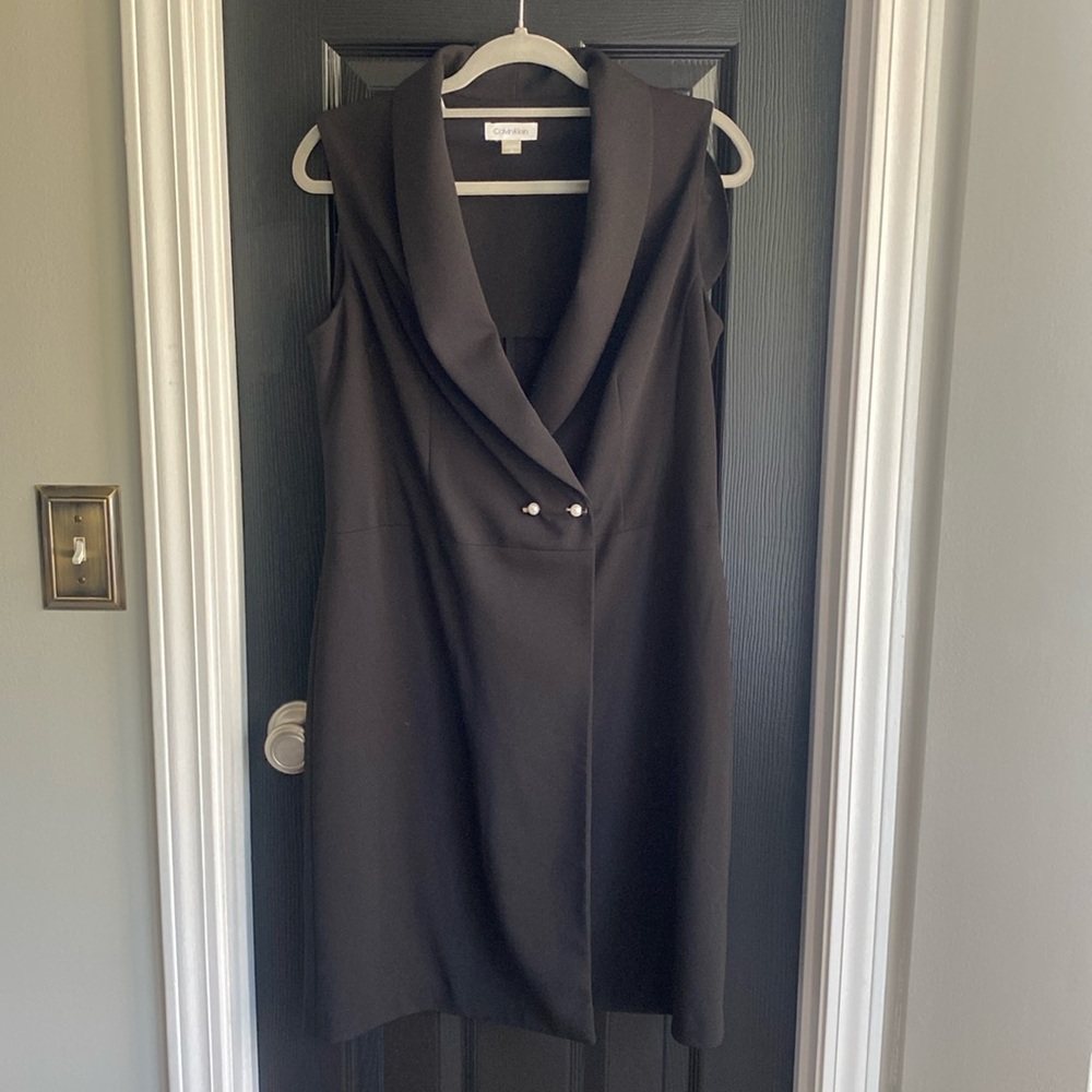 Calvin Klein Black Sleeveless Wrap Dress with Draped Collar